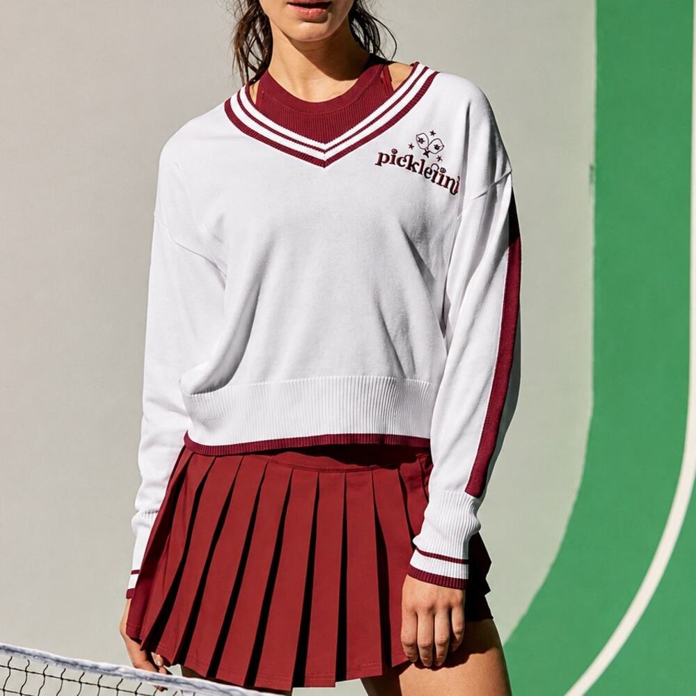 Pickletini Audrey Varsity Pickleball Sweater M White Burgundy Tenniscore Preppy